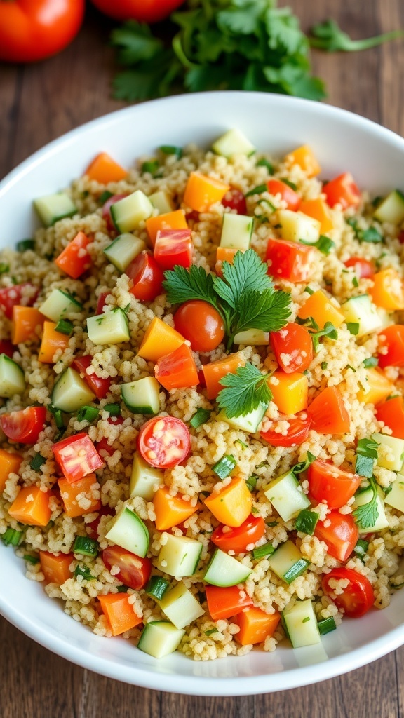 Healthy Quinoa Salad Recipe A colorful quinoa salad with vegetables and lemon dressing in a bowl on a wooden table.